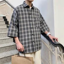 Весна-лето, новая корейская мода, хлопковая клетчатая рубашка с короткими рукавами для влюбленных в хип-хоп