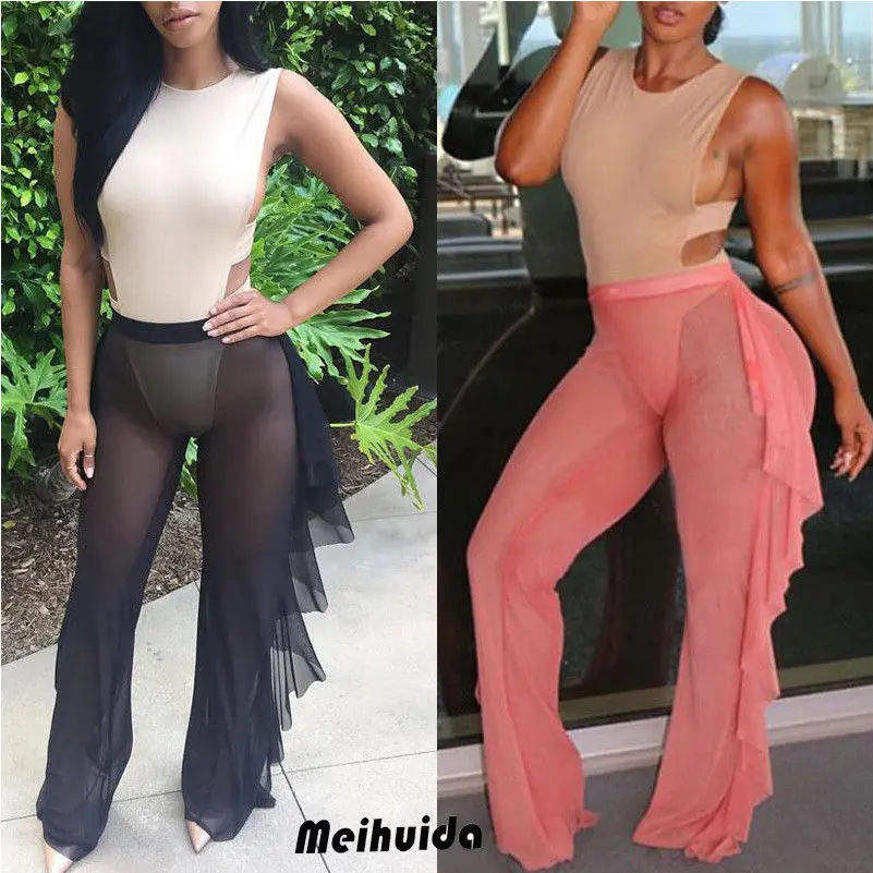 

2019 Sexy Women Loose Stretch High Waist Wide Leg Long Pants Cotton Palazzo Trousers Look Through Mesh Summer Flare Pant