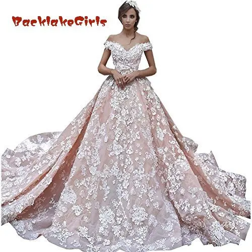 

BacklakeGirls Wedding Off-Shoulder Pink Wedding Dress for Bride Cathedral Applique
