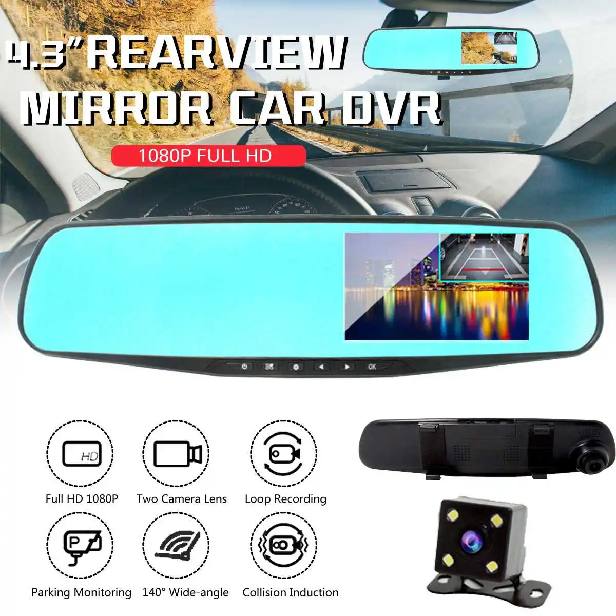 

4.3 " Dash Cam Car DVR Camera Recorder Auto Motion Detection Rearview Mirror Night Vision Video Dual Lens Mirror Wide-angle lens