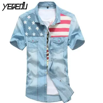 

#2301 2018 Mens shirts Camisa denim hombre Short sleeve Casual Slim fit Flag Camisas masculina Jeans shirt XXXL Denim shirts men