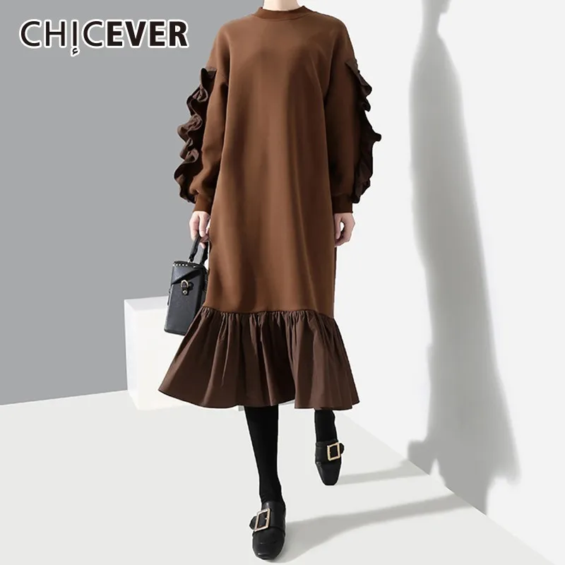 

CHICEVER Autumn Winter Vintage Dress For Women O Neck Lantern Sleeve Loose Warm Midi Dresses Korean Fashion Clothing New
