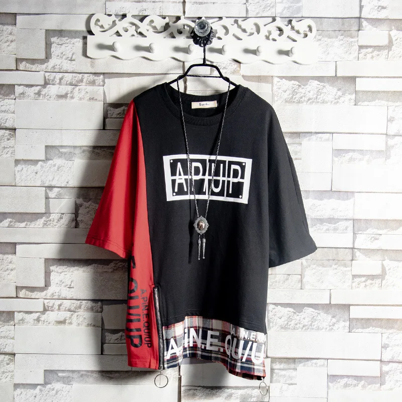 

Luogen Drop Shipping Summer Lattice Splicing Short Sleeve Male Handsome Short Sleeve Hip Hop Shorts Soft Breathable
