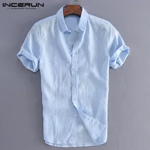 INCERUN Ретро Camisa Slim Fit повседневные рубашки мужские соцрубашки платье Кнопка отложной воротник Мужская одежда white мужские топы белый