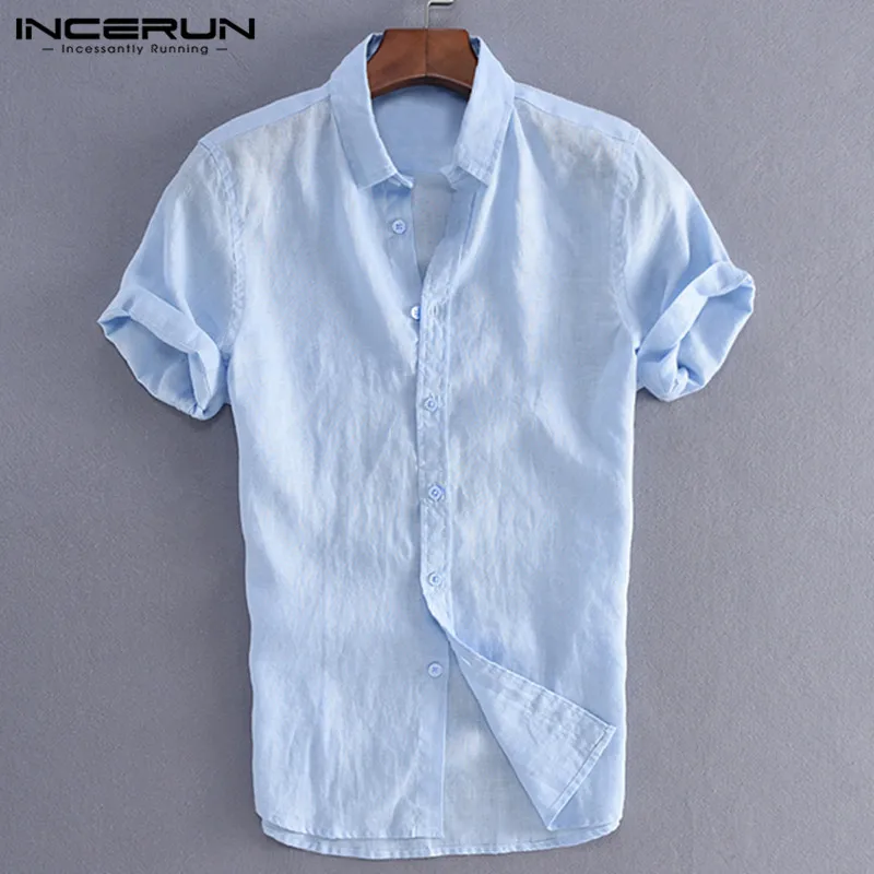 INCERUN ريترو Camisa صالح سليم عارضة قمصان الرجال قمصان الاجتماعية اللباس زر رفض طوق الرجال الملابس S-5XL الذكور قمم الأبيض