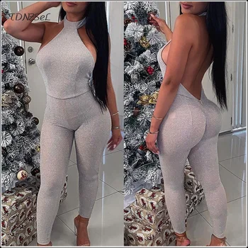 

Sexy Backless Halter Pink Lurex Jumpsuit For Women Summer Skinny Sleeveless Slim Bodycon Shiny Romper Glitter Nightclub Overalls