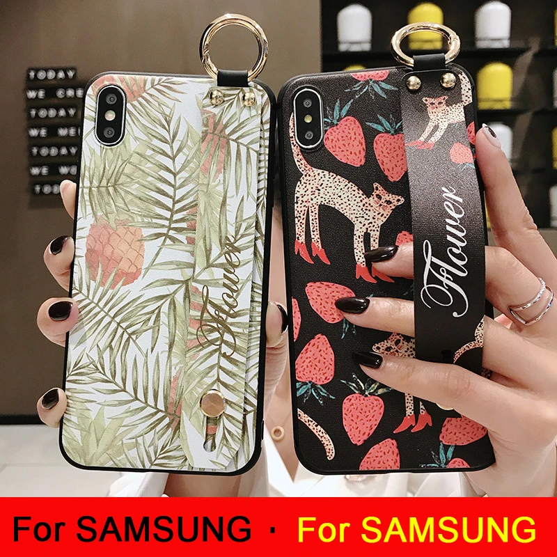 

Phone Holder Case For Samsung Galaxy Note 10 8 9 S8 S9 S10 plus S10e Flower Soft Silicone Wrist Strap support Case Back Cover