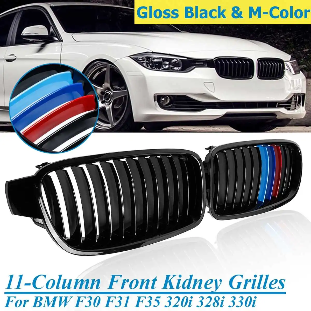 

For BMW F30 F31 F35 320i 325i 328i 330i 335i 2012-2016 2 Pcs Gloss Black 3 Color M Color Front Bumper Kidney Grill Racing Grills
