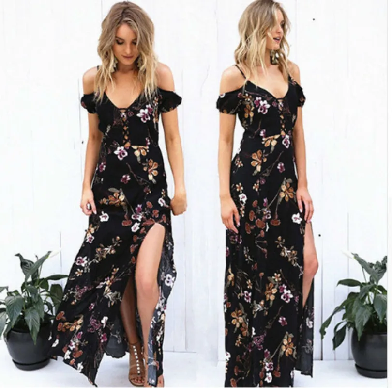 

Uguest Women Elegant Summer Maxi Long Dress V-neck Split Flower Party Dresses Ceremonial Dress Ankle Length Sexy Dresses