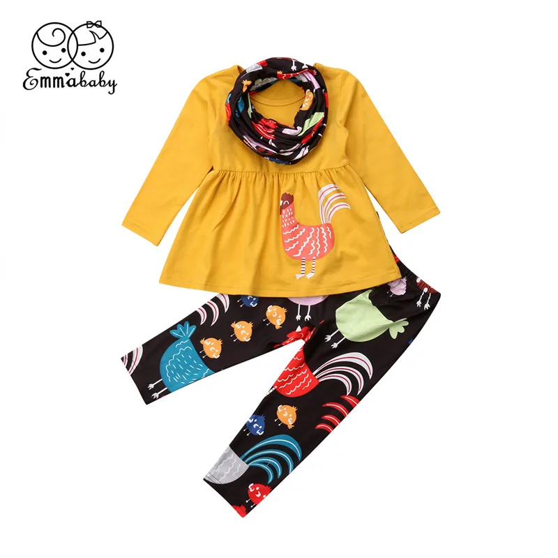  3Pcs Thanksgiving Kid Girl Clothes Set New 2018 Baby Girl Long Sleeve Mini Dress Printed Pants Scar