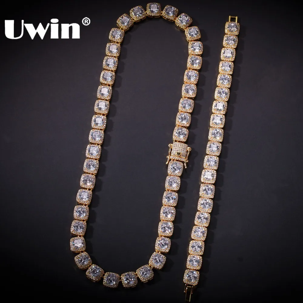 Miglior UWIN 10 millimetri Set di Gioielli In Oro Oro Bianco Bling Piazza Ghiacciato Della Catena A maglia Della Collana e Del Braccialetto Fascio di Alta Qualità hiphop di Trasporto di Goccia