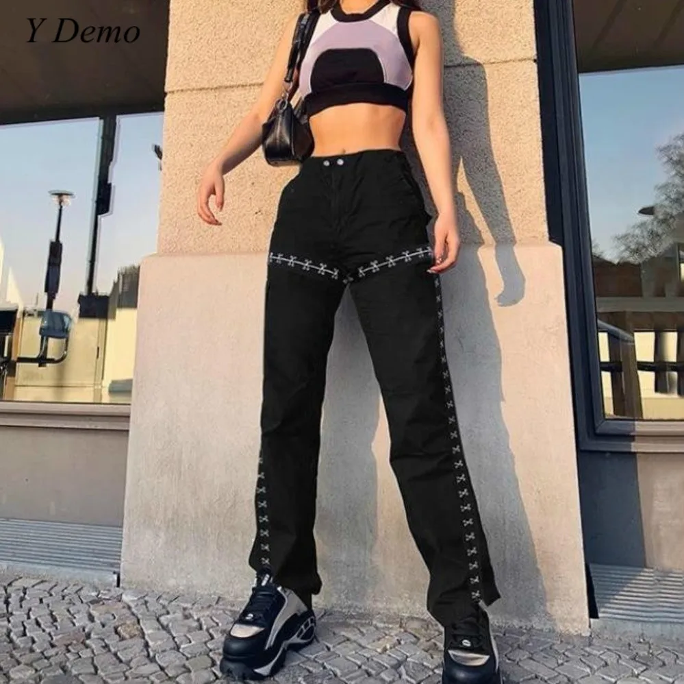 Nouveau Punk côté ouvert asymétrique buskle femmes Sexy pantalon taille haute boutons noir Flare pantalon femme
