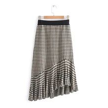 Ограничено по времени Лидер продаж акриловые Saia Midi Женская юбка в стиле преппи клетчатые оборки длиной до щиколотки с завышенной талией Осень
