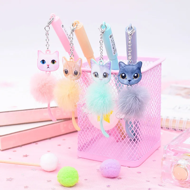 

0.5mm Kawaii Pure Color Gel Pen Cute Stuffed Cats Pendant Neutral Pens For Writing Girls Gifts Korean Stationery School Supplies