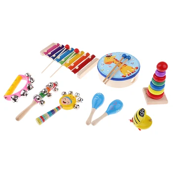 

9Pcs Orff World Educational Wooden Musical Instrument Percussion Drums Bell Children's Toys Gift Stimulate baby's sensory