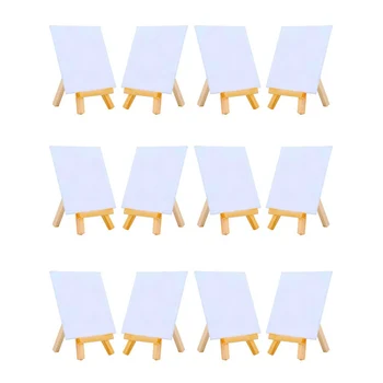 

4 By 4 Inch Mini Canvas And 8*16cm Mini Wood Easel Set For Painting Drawing School Student Artist Supplies, 12 Pack