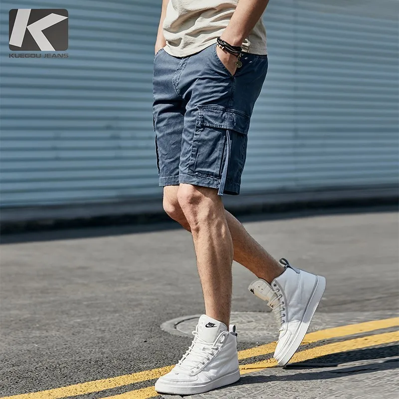

Summer 2019 New Men Casual Cargo Shorts Cotton Solid Blue Color For Man Fashion Slim Fit Pocket Male Wear Short Trousers 4514