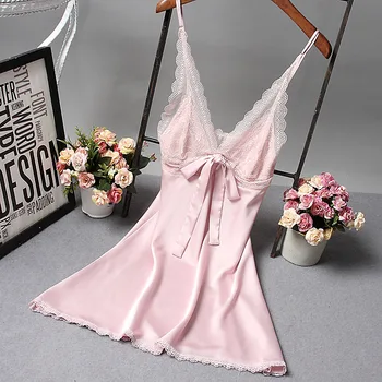 

Sleepwear Night Dress Sleep Lounge Sexy Ladies Nightgown Nighties for Women Lingerie Nightwear Silk Home Dress with Chest Pad