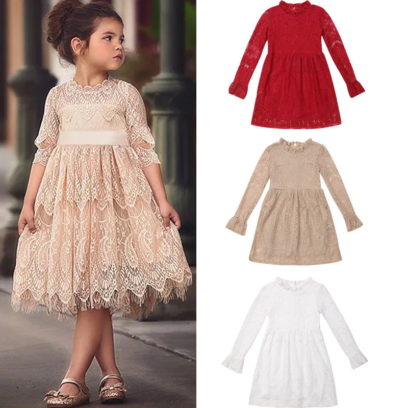Xmas Princess Formal Party Infant Kids Baby Girls Dress Lace Floral Long Sleeve Knee-Length A-Line Dress 3 Colors 3-8Y