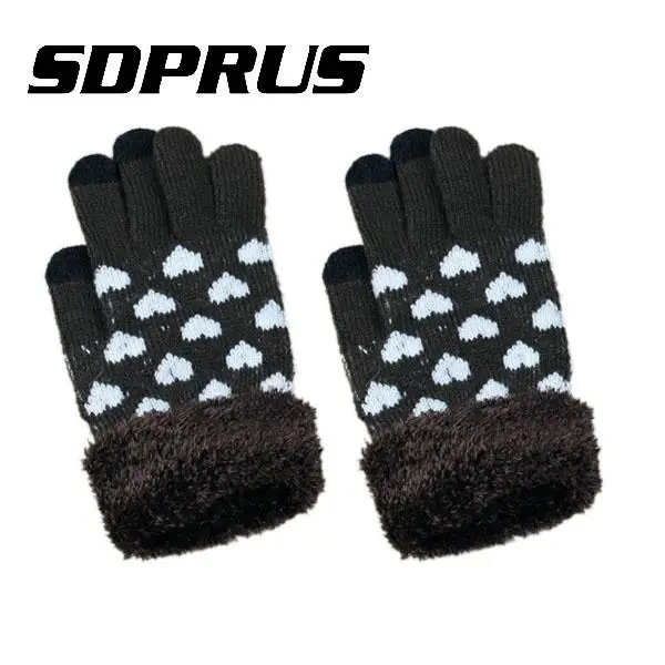 

1Pair Female Gloves Lovely Heart Pattern Soft Winter Warm Capacitive Touch Screen Knit Gloves Adult One Size