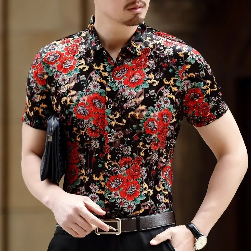 

Chemise Homme Camicia Uomo Sexy Transparent Shirt Men Red New SummerShort Sleeve Slim Fit Rose Print Velvet Shirt Club Party