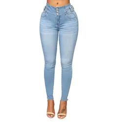 Для женщин Мода Высокая талия пуговицы узкие джинсовые узкие брюки дамы повседневное стрейч промывают джинсы, длинные штаны мотобрюки