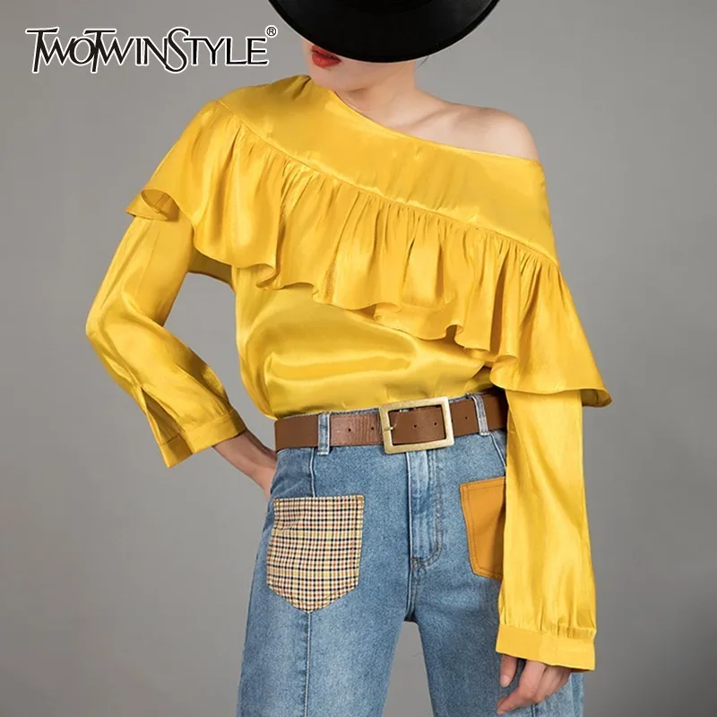 

TWOTWINSTYLE Elegant Solid Women Blouse O Neck Long Sleeve Ruffles Perspective Chiffon Shirt Female Summer 2019 Fashion New