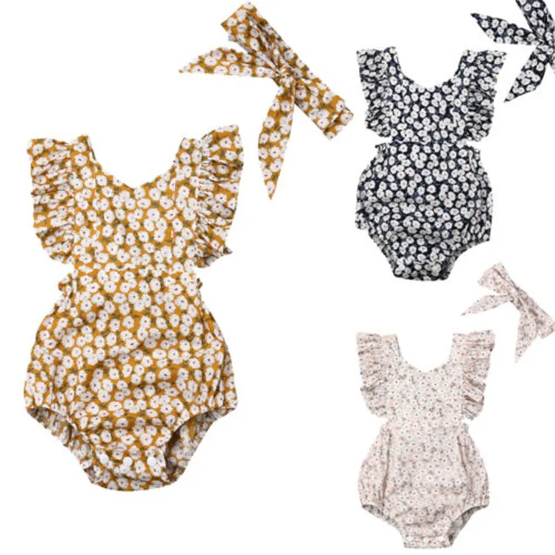 

Summer Cute Toddler Baby Kid Girl Butterfly Sleeve Floral Bodysuit+ Headband Jumpsuit Outfit Set One-Piece