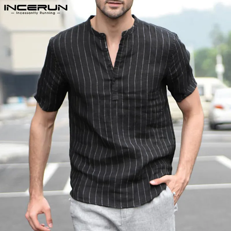 INCERUN мужские полосатые рубашки с коротким рукавом высокого качества из хлопка и льна дышащие мягкие классические рубашки китайские Ретро винтажные