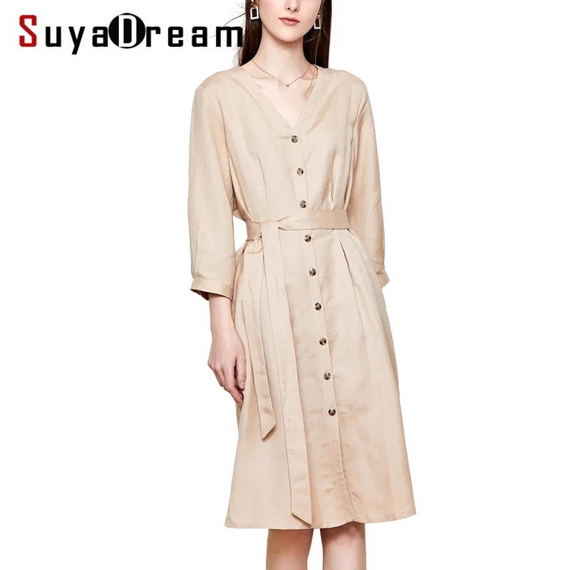 Платье рубашка SuyaDream из 55% льна и 45% вискозы платье цвета хаки до колена с V