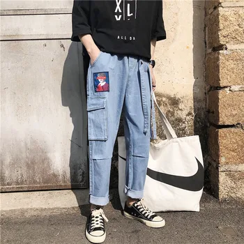 

2019 New Spring And Summer Korean Casual Men's Fashion Couple Solid Color Straight Sports Jeans Large Size Hip Hop Streetwear