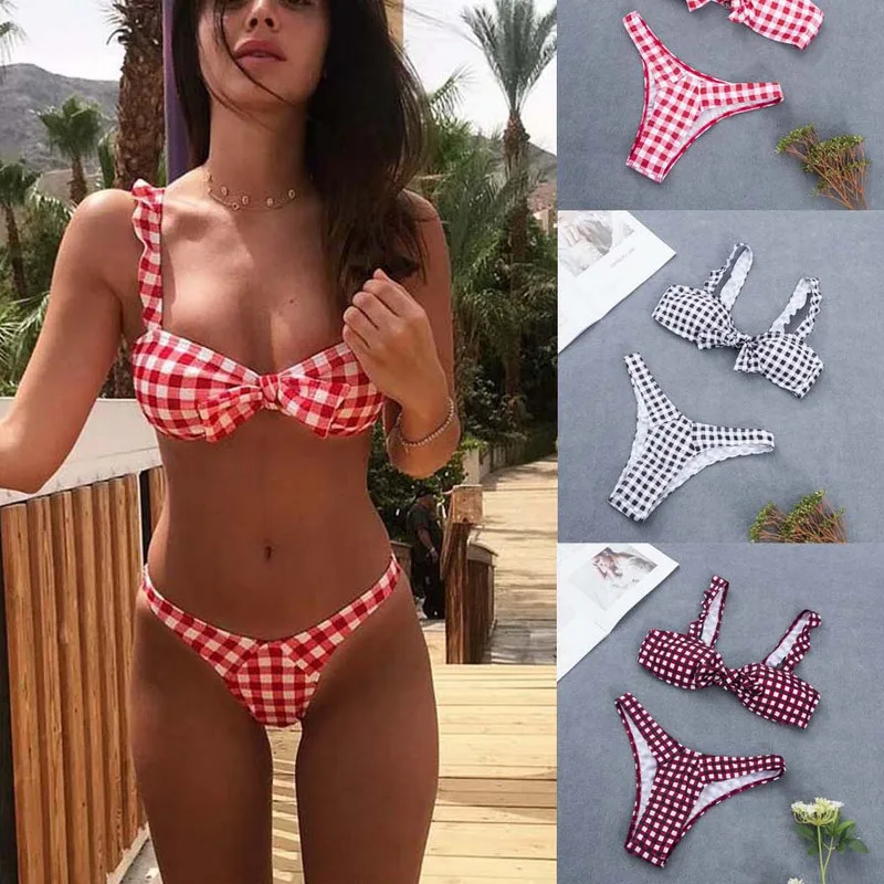 

Bikini Set set 2 pcs Bow Plaid Sexy Bra Set Push Up Vest Top Set Bandage Push-Up Padded Women Plaid Beachwear Swimwear