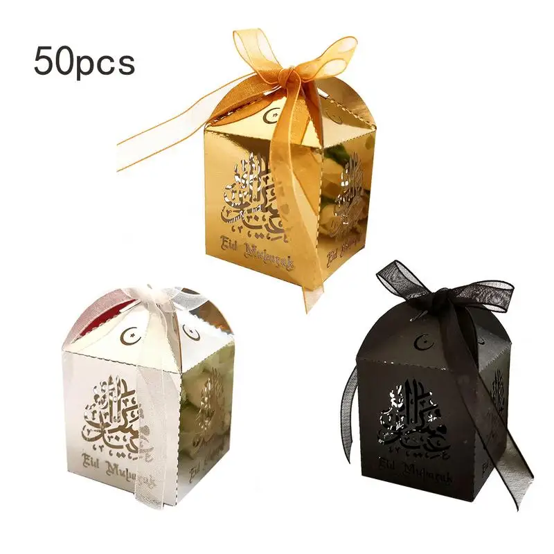 

50PCS Eid Mubarak Golden Candy Chocolate Box Ramadan Kareem Sugar Hollow Storage Case With Party Ribbon Supplies