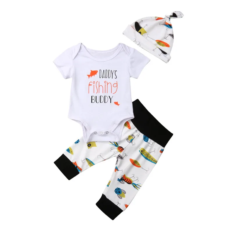 Одежда для новорожденных мальчиков ясельного возраста, боди с короткими рукавами и круглым вырезом, штаны с принтом рыбы, шапочка с геометрическим рисунком, 3 предмета, милые детские хлопковые наряды