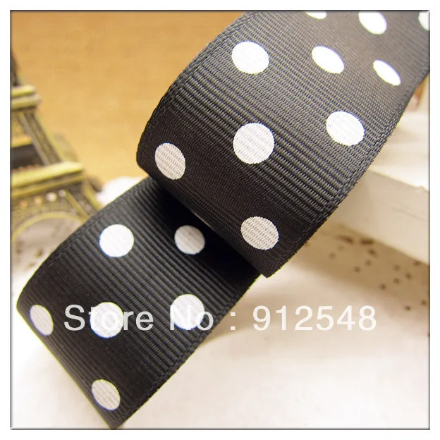 

Free shipping 1" (25mm) Grosgrain ribbon Polka Dots printed black ribbon with white dots, DIY hairbow accessories,ZYD003
