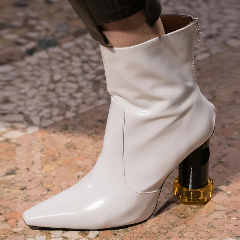 

Elegant Shiny White Leather Boots Pointed Toe Ankle Boots Comfort Block Heel Plus Size Spring Shoes Women