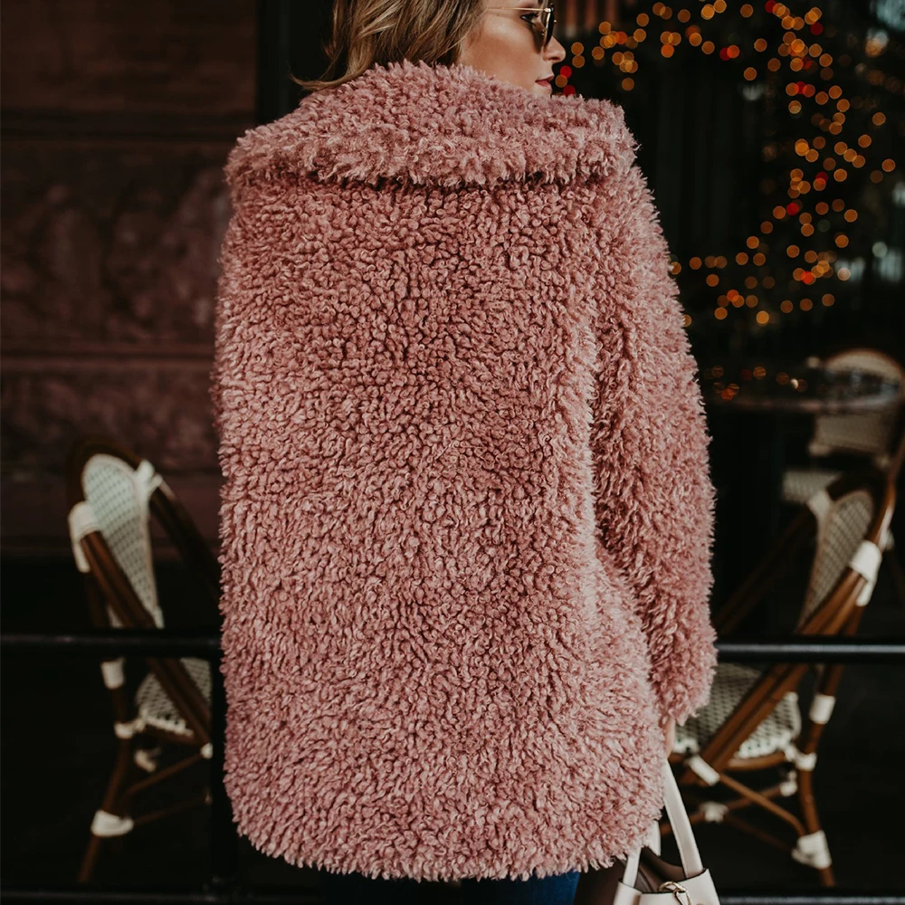 Loshaka Women Winter Jacket Coat Faux Fur Bomber Jacket Teddy Coat Trench Wool Coat Pink Overcoat Long Sleeve Hooded Outwear