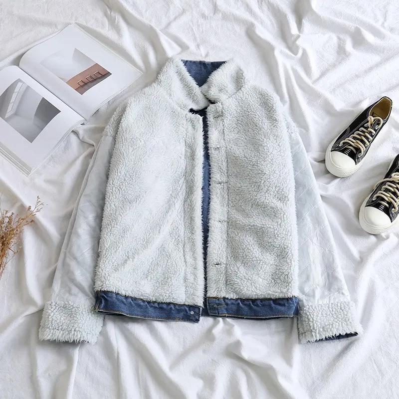 Spring Faux Fur Denim Jacket Causal Women Front Button Flap Pockets Blue Lambswool Jeans Coat Thick Lining Bomber Parka Jacket