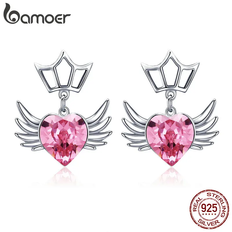 

BAMOER Authentic 925 Sterling Silver Dream Wings Pink Heart CZ Exquisite Stud Earrings for Women Sterling Silver Jewelry SCE505