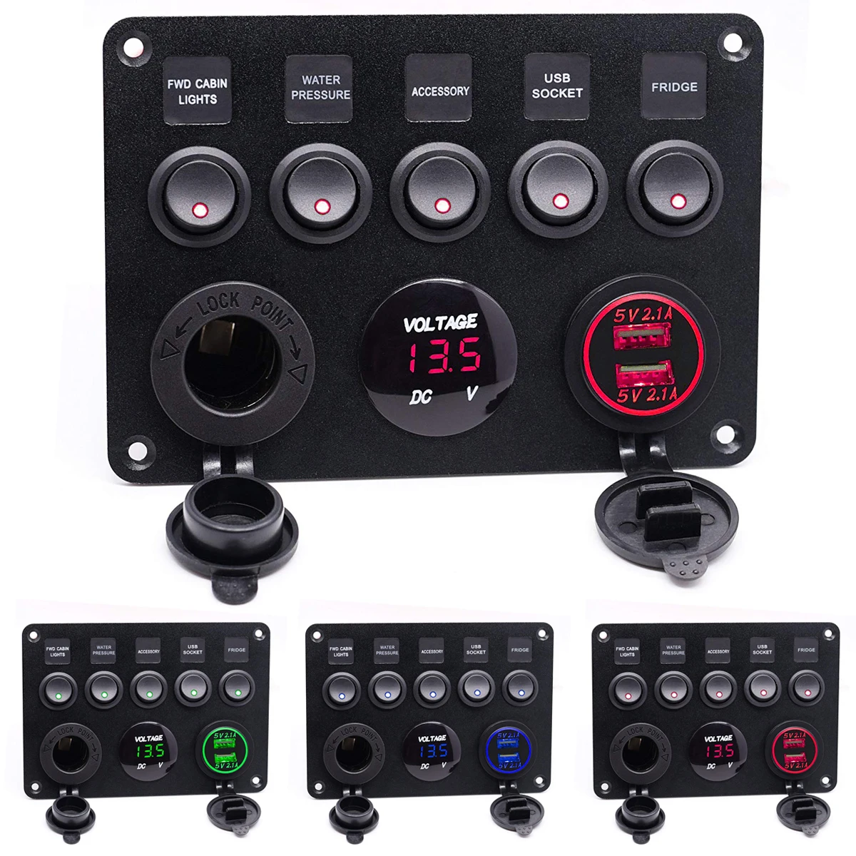  12-24V 5 Gang interruptor de encendido-apagado Panel Dual USB Socket cargador LED voltímetro 12V to