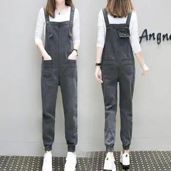 

#1109 Spring/Autumn Black Grey Denim Overalls Women Crop Top Fashion Double Pockets Loose Rompers Combinaison Femme Monos Largos