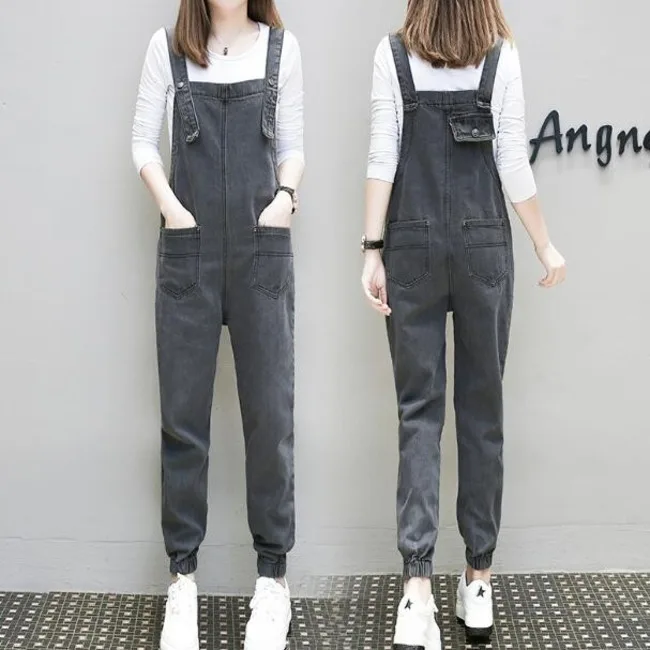 

#1135 Spring/Autumn Black grey denim overalls women Crop top Fashion Double pockets Loose Rompers Combinaison femme Monos largos