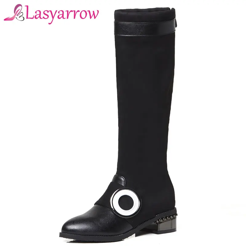 

Lasyarrow Back Zipper Sapatos Femininas Square Heels Middle Heel Punk Knee High Martin Boots Women Round Toe Black Botas Mujer