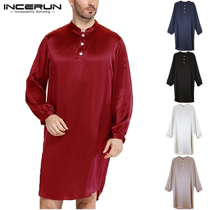 INCERUN, мужские шелковые атласные пижамы, халаты с длинным рукавом, Одноцветный халат, домашняя одежда для мужчин, мягкая повседневная мужская одежда, одежда для сна размера плюс