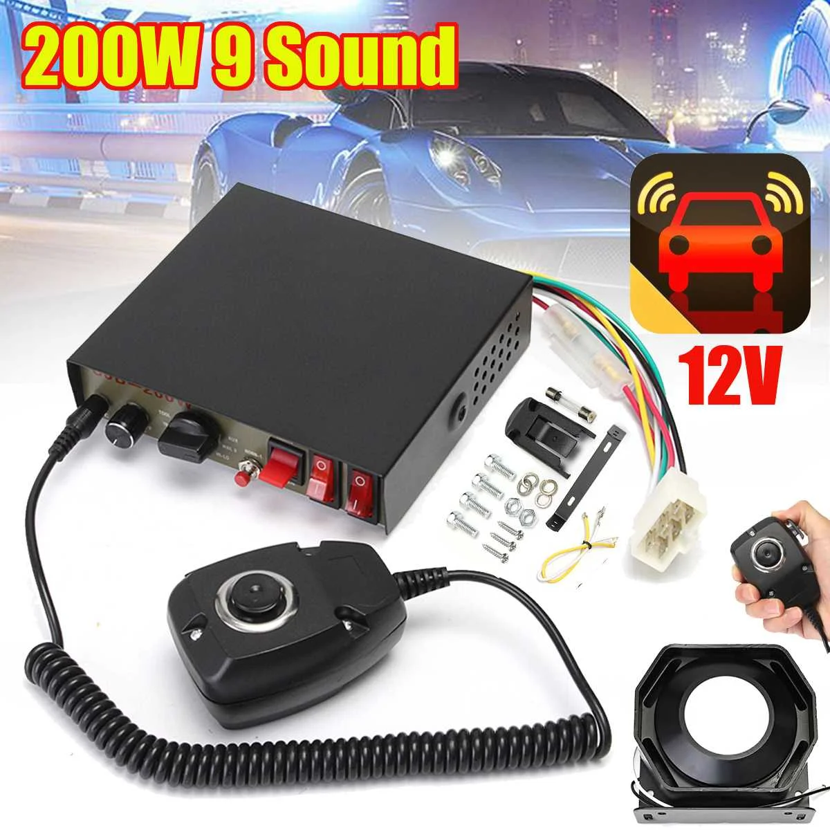 

200W 9 Sound Loud Car Warning Alarm Siren Horn PA Speaker MIC System