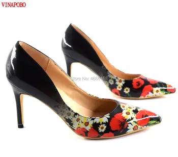 

Vinapobo Pumps Black women Shoes Sexy Flower Print Slip-on High Heels Pumps Summer Patent Leather Stiletto Wedding Shoes 2019