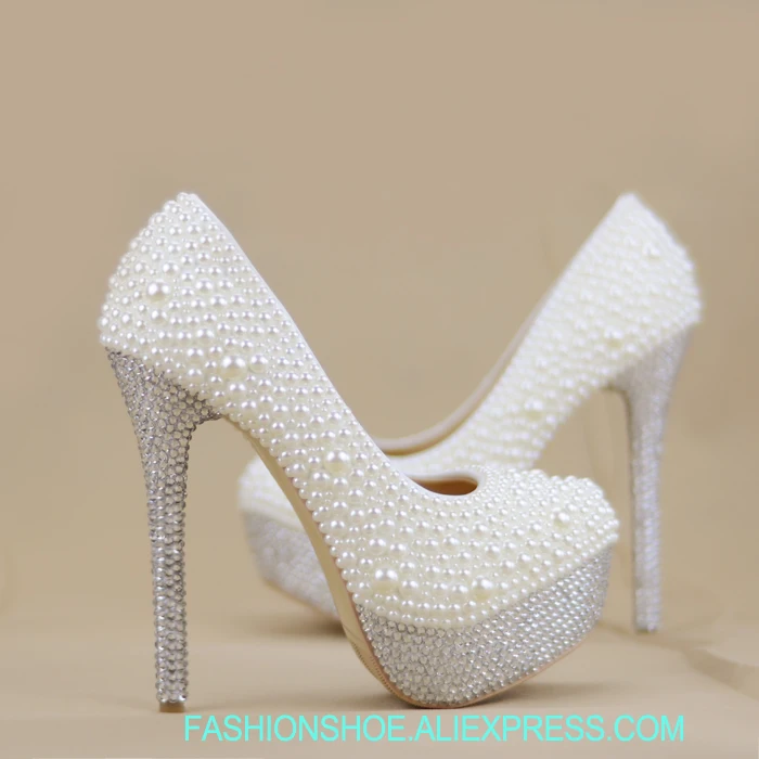 

High heeled white dress, wedding shoes, pearl diamond, crystal shoes heels big size, adult shoes, bride's wedding shoes 43 size