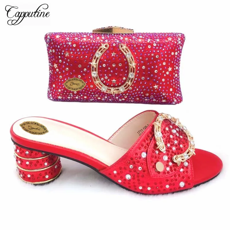 

Fashion African Design Rhinestone With Metal High Heel 7CM Shoes And Purse Sets New Woman Shoes And Bag Set For Party TX-199