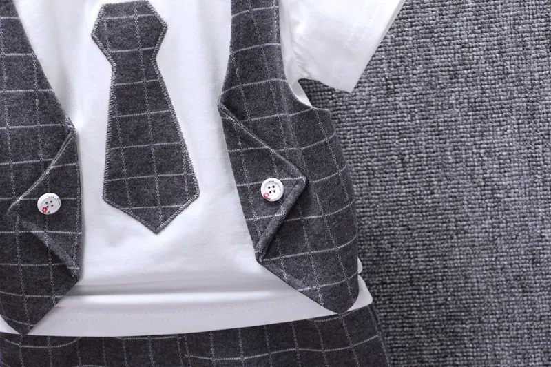 Children Tracksuits Baby Boys Girls Short T-shirt Shorts 2Pcs/sets Summer Kids gentleman Tie Plaid Bowknot Pure Cotton Clothes