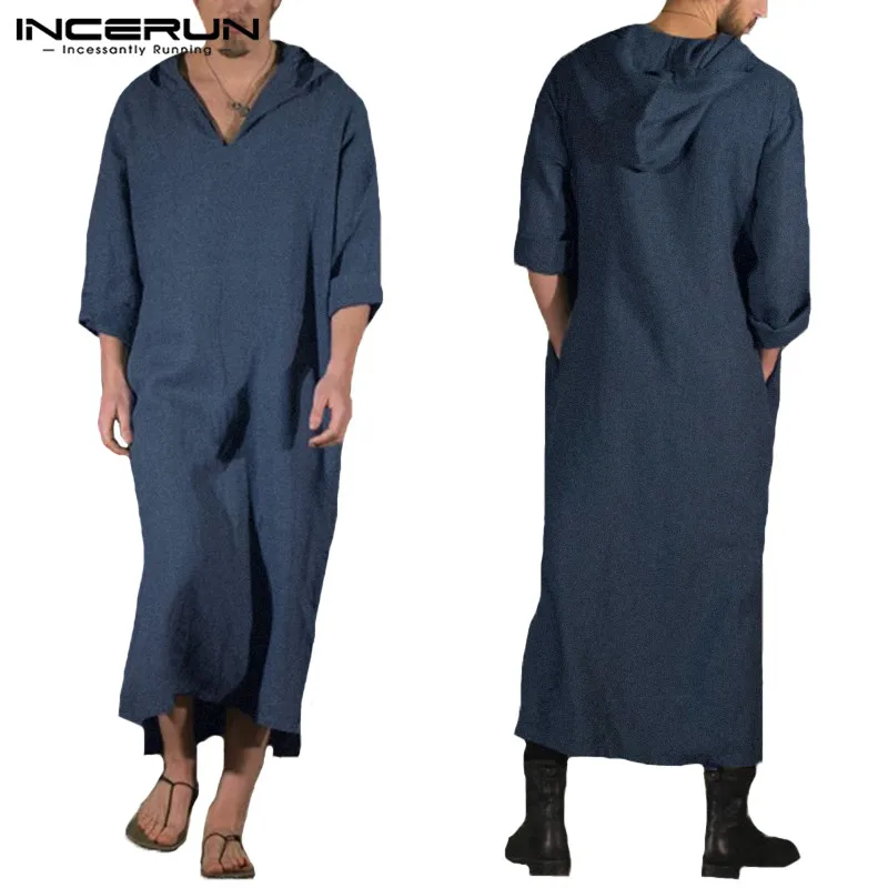 

INCERUN Men Islamic Arab Kaftan Long Sleeve V-neck Hooded Men Robes Vintage Saudi Arabia Thobe Baggy Muslim Clothes Men 2019 5XL